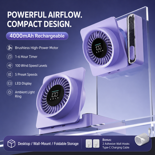 Rechargeable Multifunctional Cooling Fan – 4000mAh Wall-Mount Fan with LED Display & 100-Speed Control