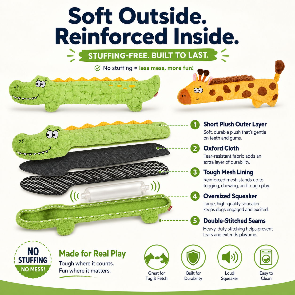 Stuffing-Free Squeaky Plush Dog Toy – 23.6" Long Tug Toy