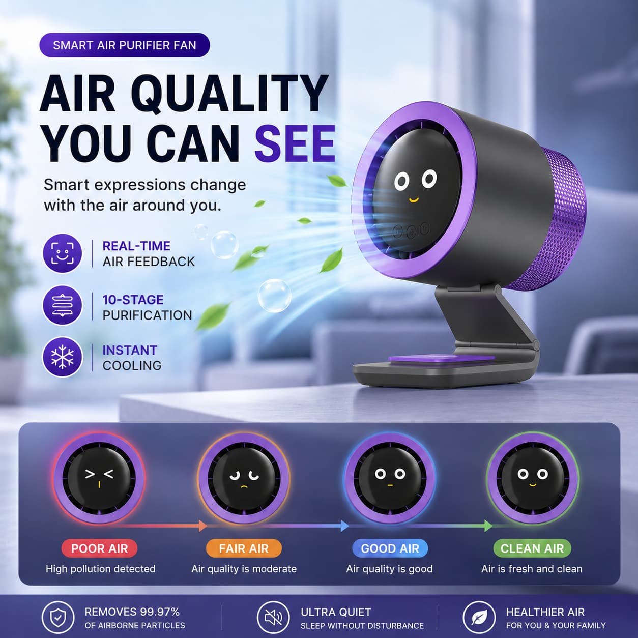 2-in-1 Desktop Cooling & 10‑Stage Purification Air Purifier Fan