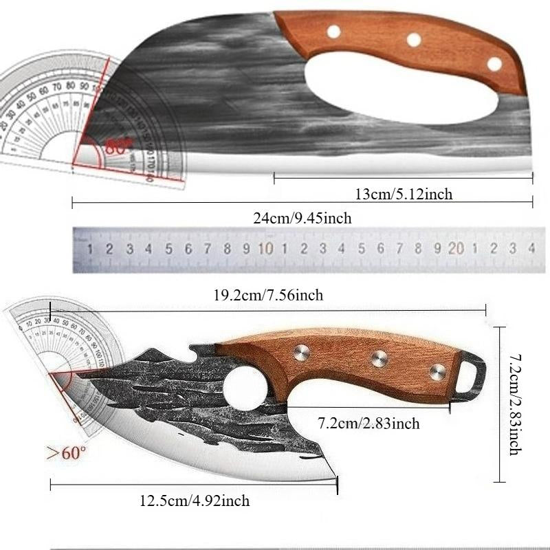 Hand-Forged Carbon Steel Kitchen Knife Set - Ultra Sharp Cleaver & Boning Knife, Ergonomic Wooden Handle, Multi-Functional Meat & Vegetable Slicer for Home Cooking