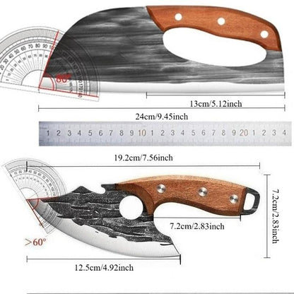Hand-Forged Carbon Steel Kitchen Knife Set - Ultra Sharp Cleaver & Boning Knife, Ergonomic Wooden Handle, Multi-Functional Meat & Vegetable Slicer for Home Cooking
