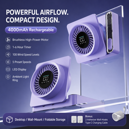 Rechargeable Multifunctional Cooling Fan – 4000mAh Wall-Mount Fan with LED Display & 100-Speed Control