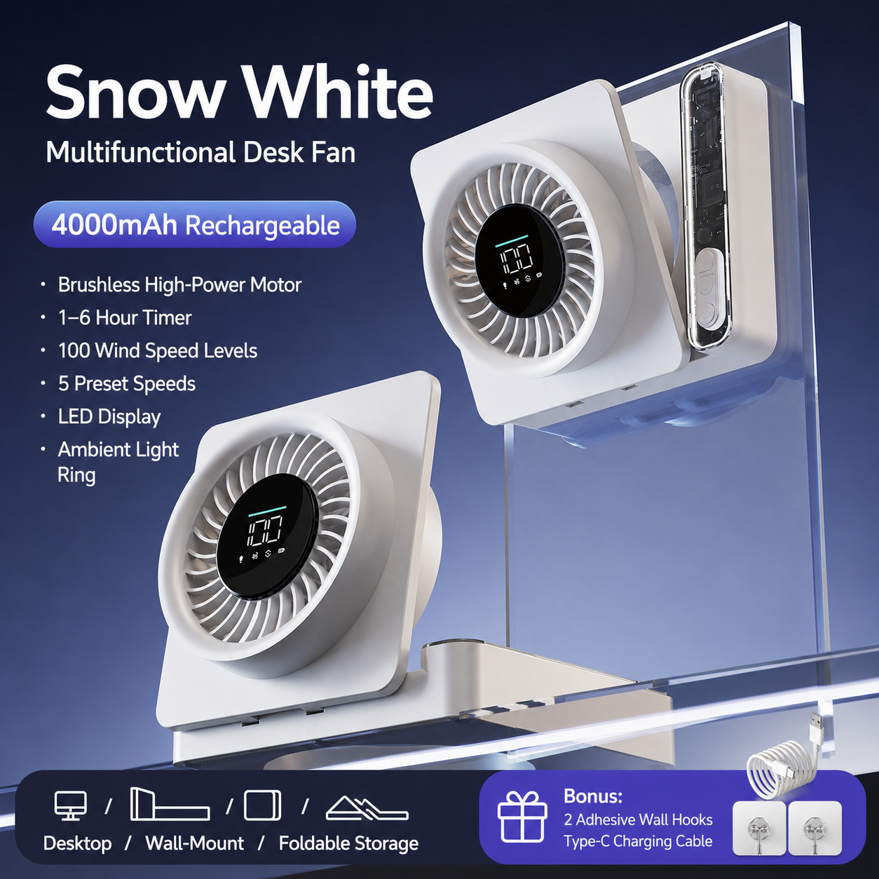 Rechargeable Multifunctional Cooling Fan – 4000mAh Wall-Mount Fan with LED Display & 100-Speed Control