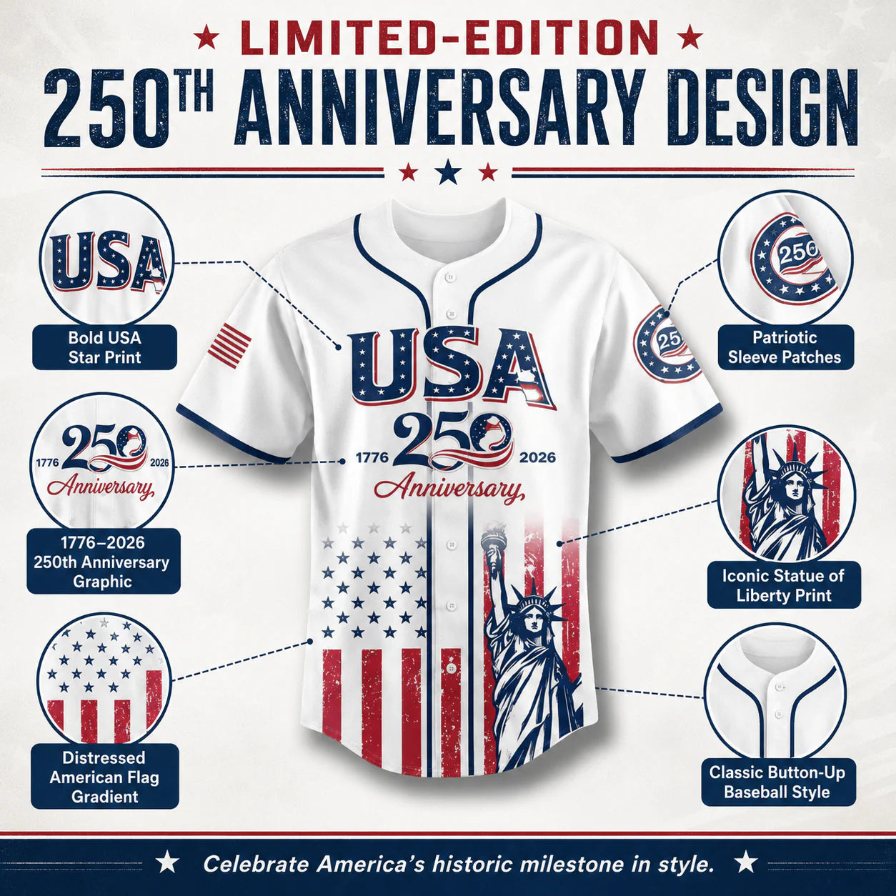 Patriotic Statue of Liberty 1776–2026 - USA 250th Anniversary Baseball Jersey Unisex Shirt