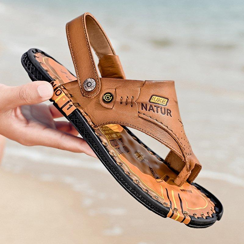 Men Cowhide Leather Daily Flat Flip-flops Outdoor Sandals