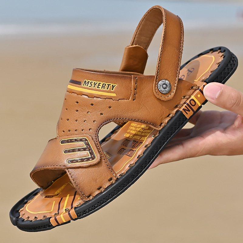 Men's Summer Flat Heel Cowhide Leather Beach Sandals