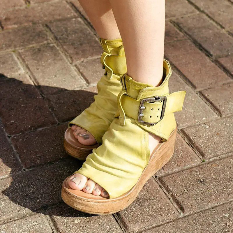 Women Casual Leather Retro Wedges Sandals