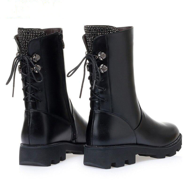 Women's Winter Boots Genuine Leather Thick Wool Ladies Roman Boots