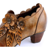 Retro Handmade Floral Leather Low-Heel Pumps