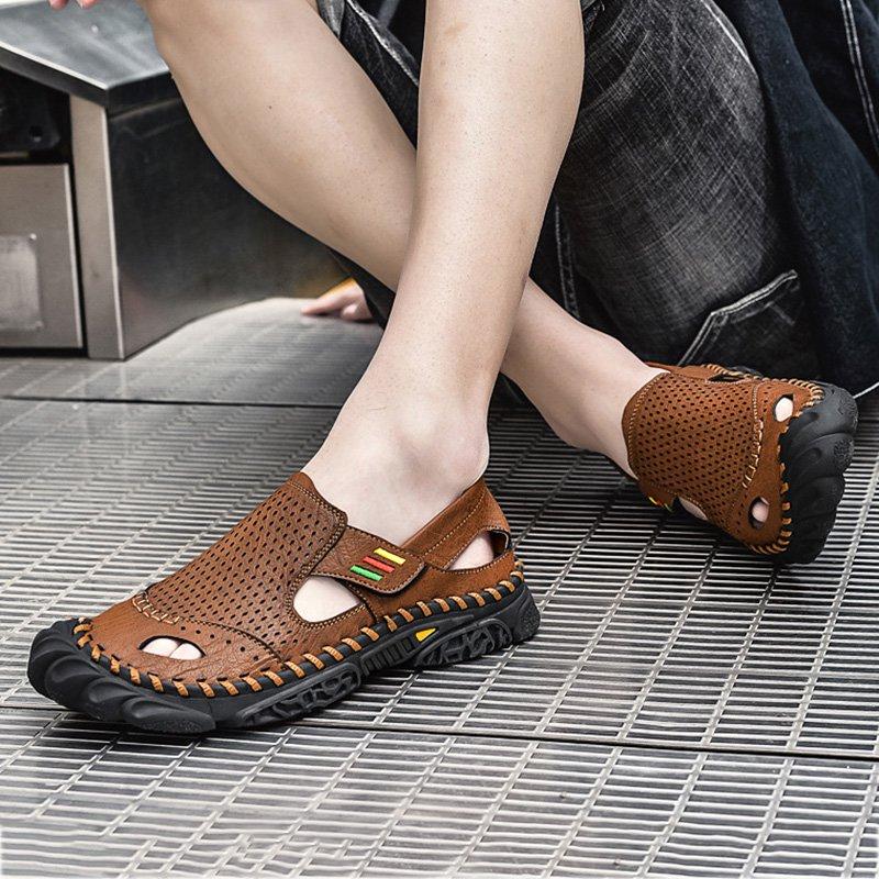 Men Summer Flat Heel Sandals Casual Cowhide Leather Shoes