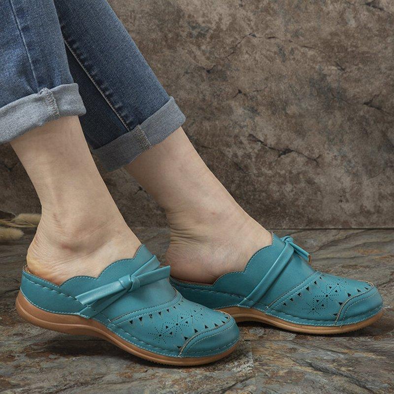 Women Tie Lace-up Closed Toe Comfortable Slip On Solid Color Wedge Sandals
