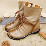 Women's Winter Retro Low-Heeled Geniue Leather Lace-Up Round Head Boots