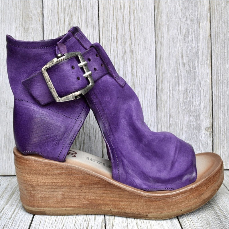 Women Casual Leather Retro Wedges Sandals
