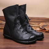 Women's Winter Retro Low-Heeled Geniue Leather Lace-Up Round Head Boots