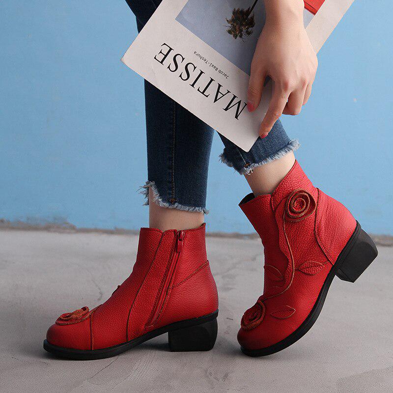 Women's Winter Genuine Leather Flower Decoration Block Heel Ankle Boots