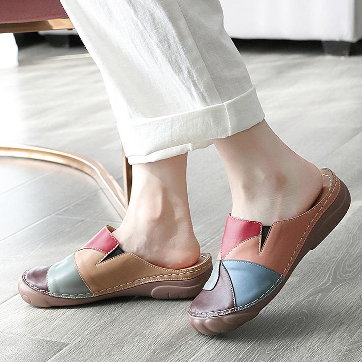 Women Comfortable Slip On Color Block Mules Slippers