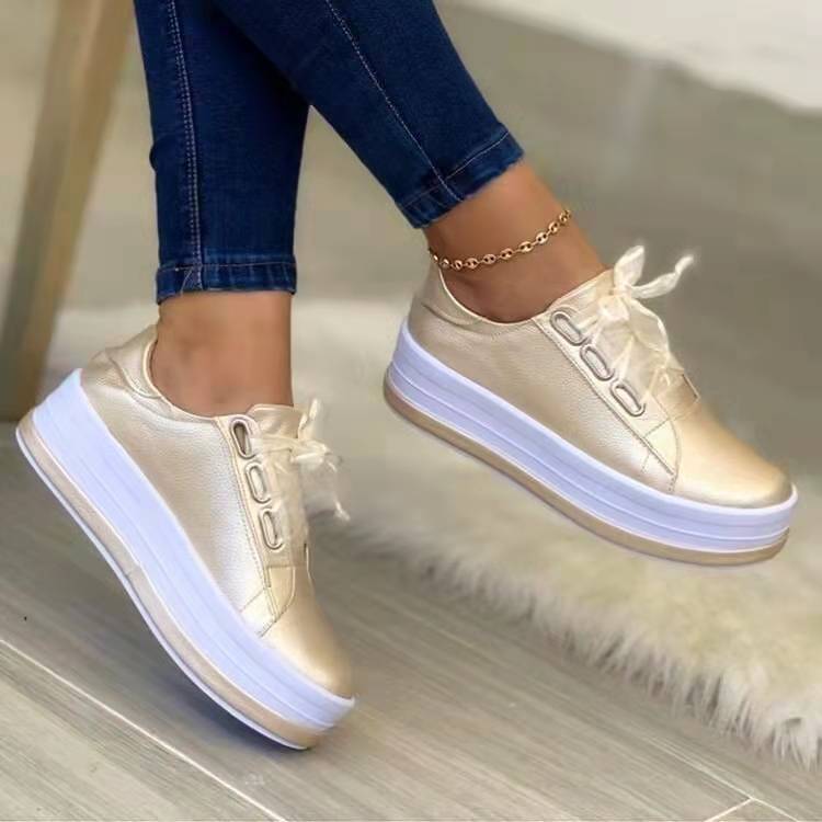 Round Toe Platform Sneakers For Women Ribbon Casual Shoes