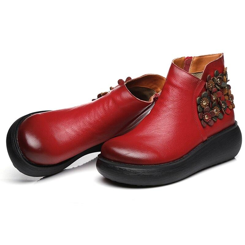 Women Retro Floral Genuine Leather Martin Boots