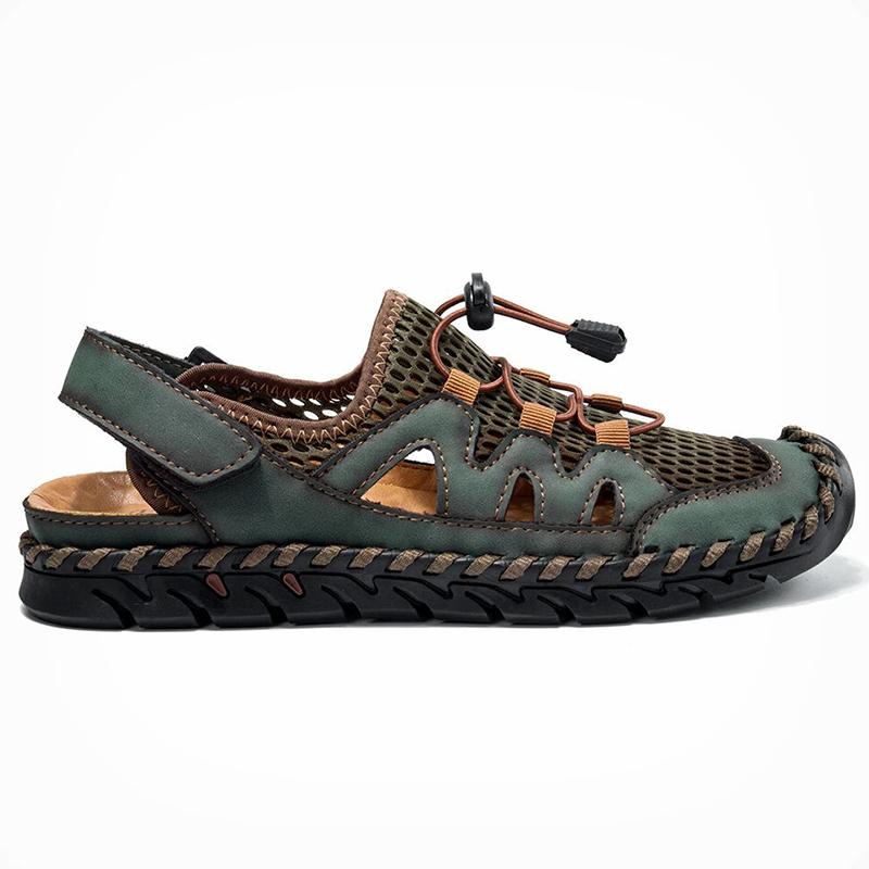 Men Genuine Leather Hand Stitching Breathable Mesh Casual Soft Sandals