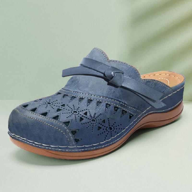 Women Tie Lace-up Closed Toe Comfortable Slip On Solid Color Wedge Sandals