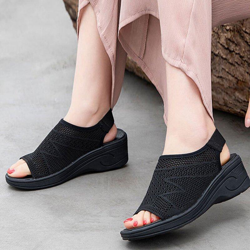 Women Open Toe Breathable Hollow Out Mesh Elastic Band Sports Wedge Sandals
