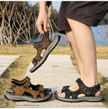 Men Comfy Cowhide Leather Opened Toe Hook Loop Outdoor Sport Sandals
