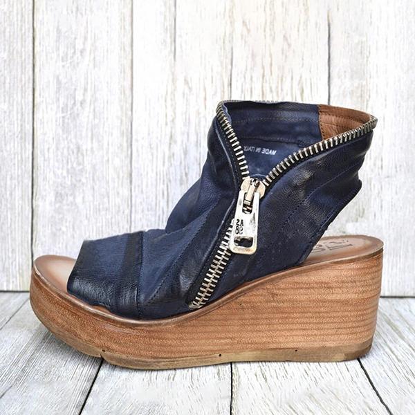 Women Casual Side Zippers Retro Wedges Sandals