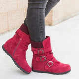 Cushioned Low-Calf Buckled Boots Low Heel Knitted Fabric Zipper Slip On Boots - MagCloset